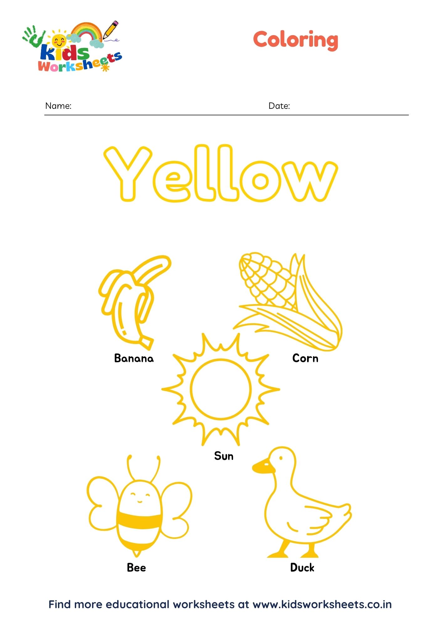 Yellow Color Recognition Coloring Page preview