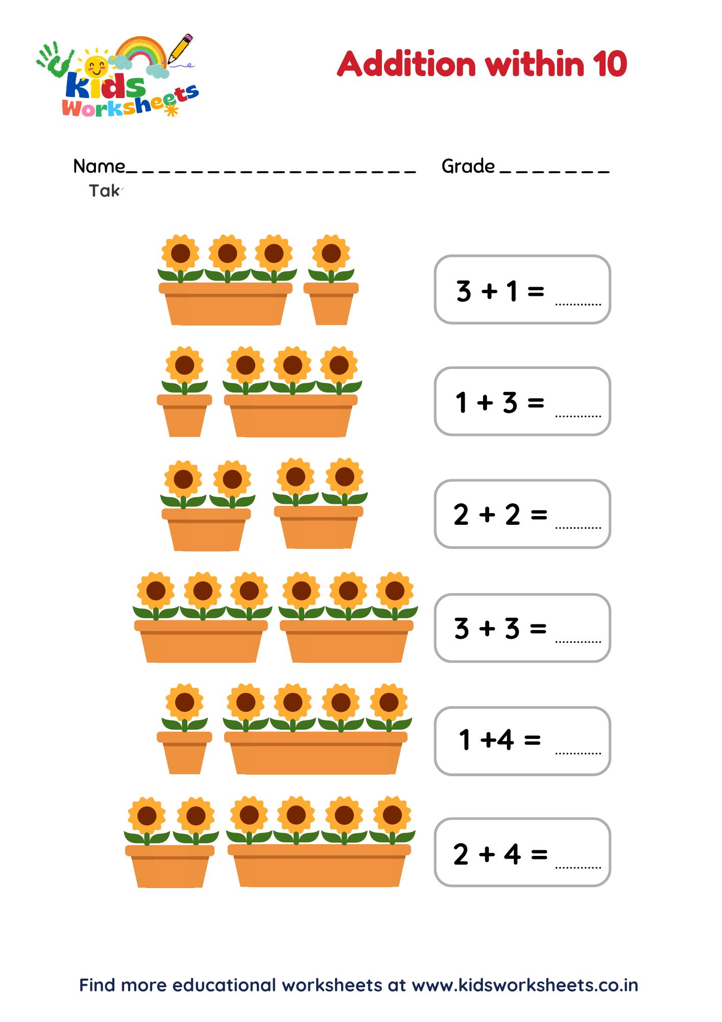 Grade 1 Addition Within 10 Worksheet preview