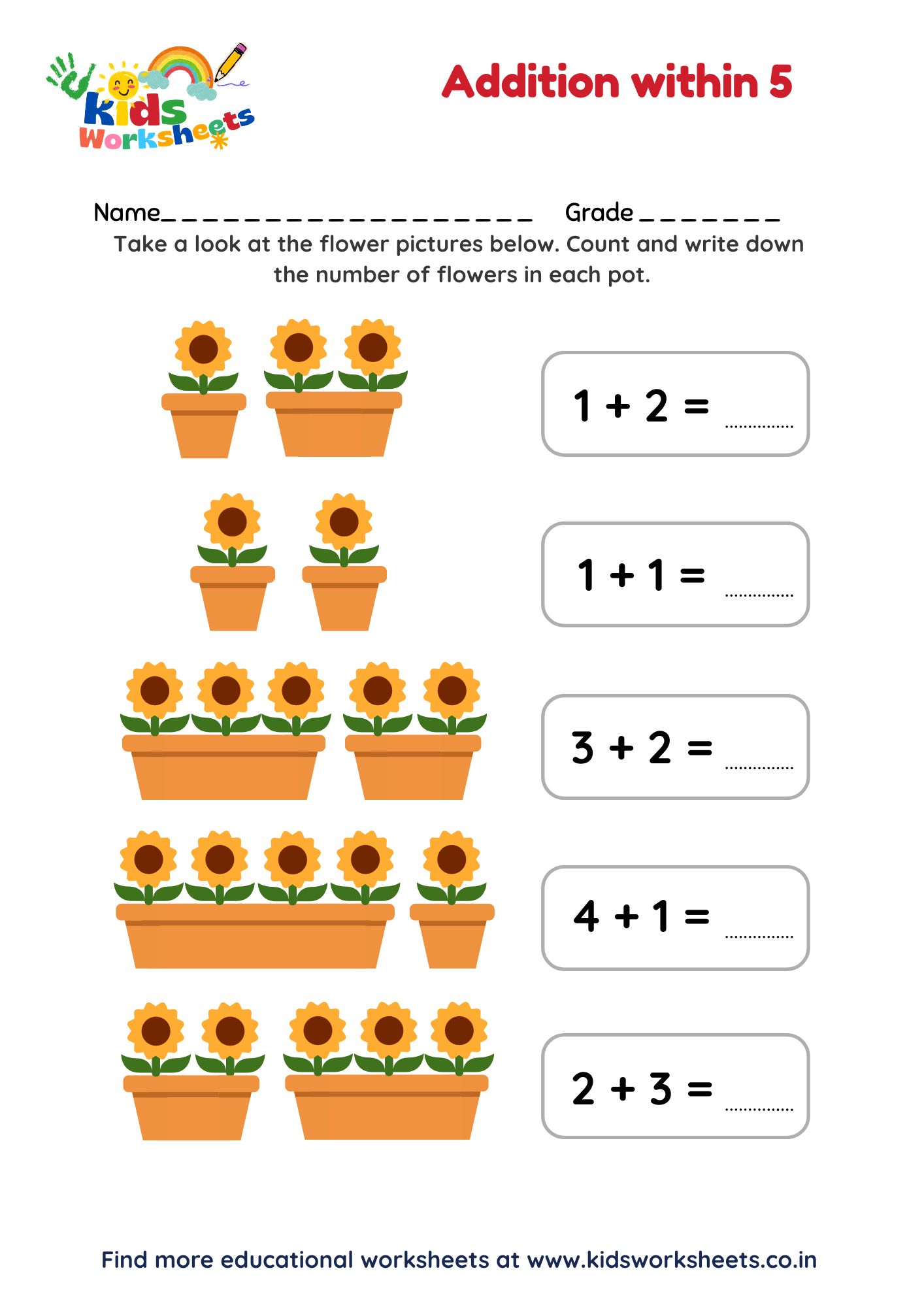 Kindergarten Addition Within 5 Worksheet preview