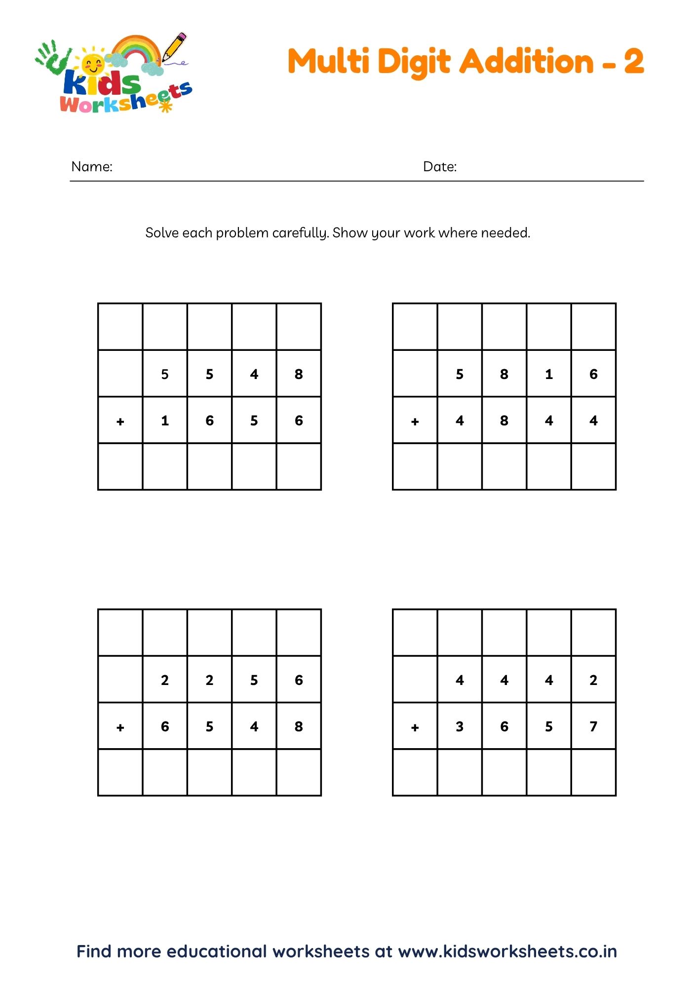 Grade 4 Multi Digit Addition Worksheets 2 preview