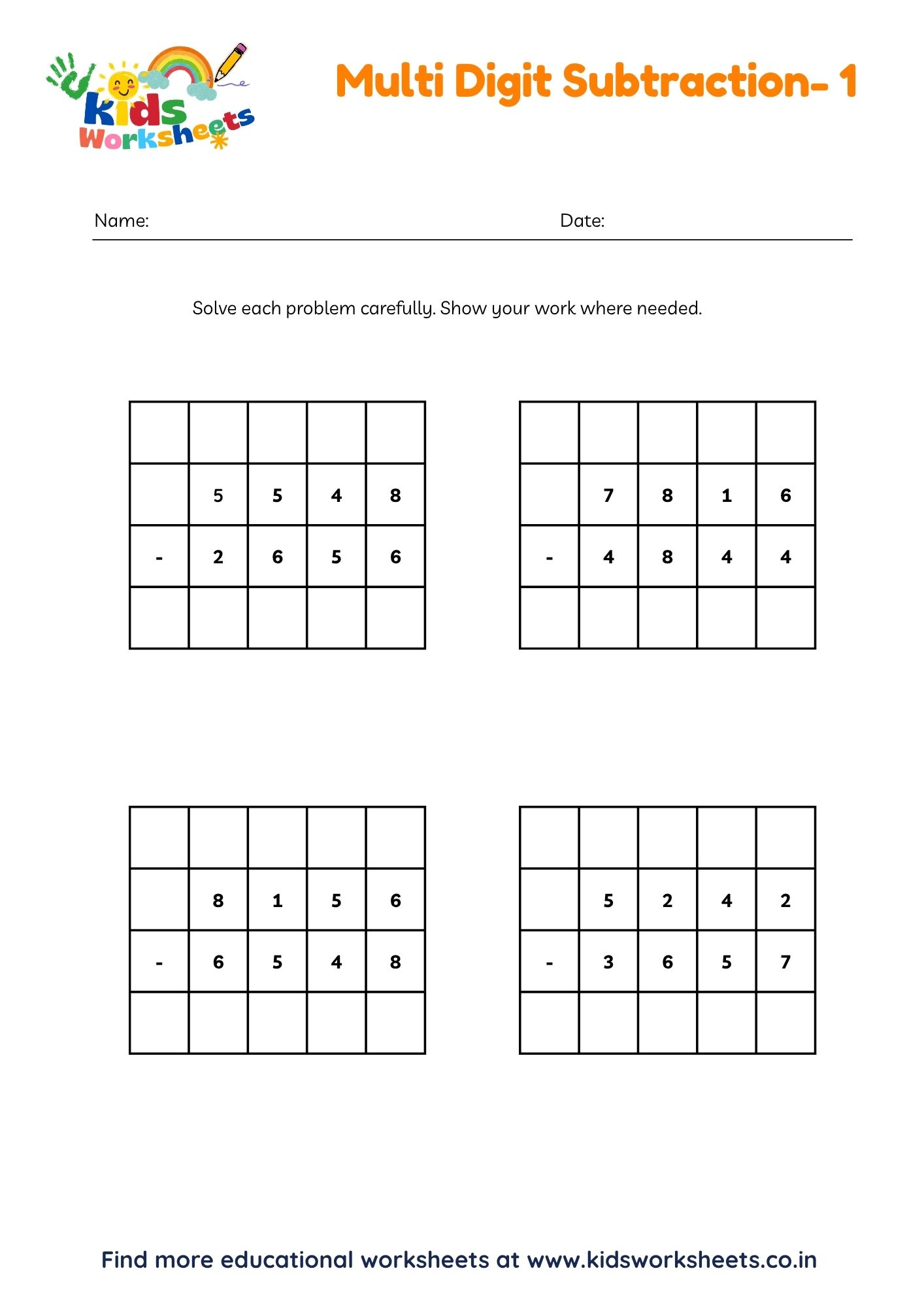 Grade 4 Multi Digit Subtraction Worksheets 1 preview